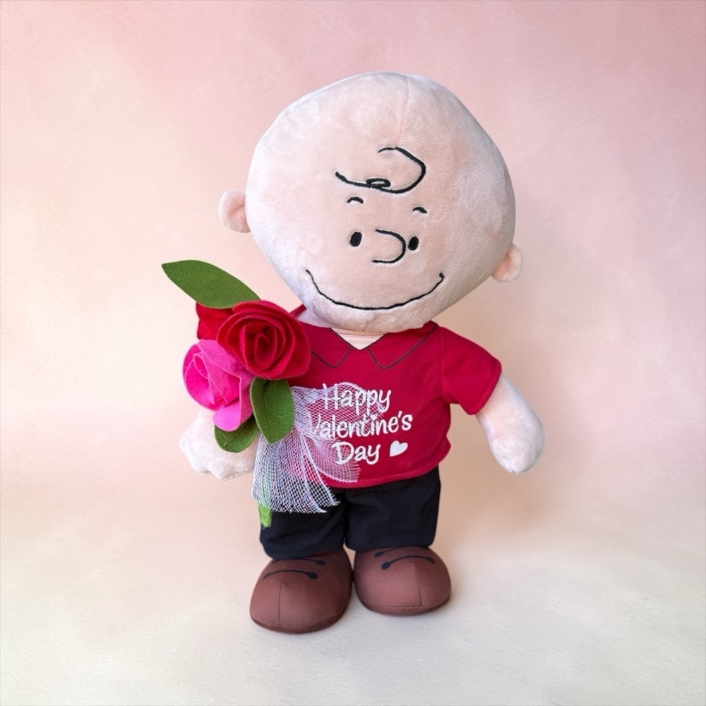 Charlie Brown plush from the Peanuts series, with a bouquet of roses